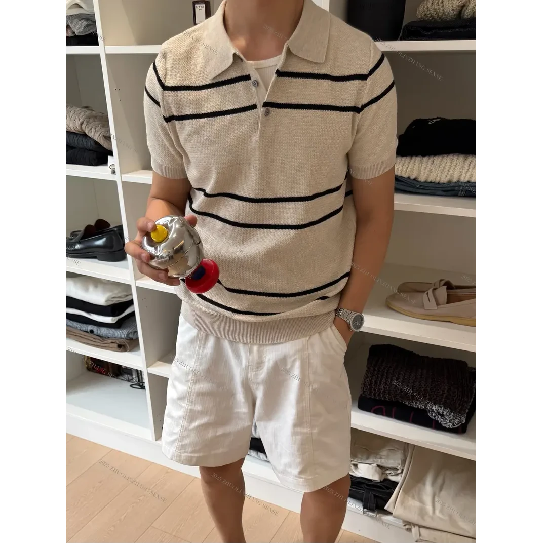 ZHUOLINZHANG /新贵棉纱撞色条纹针织休闲透气柔软舒适短袖polo衫
