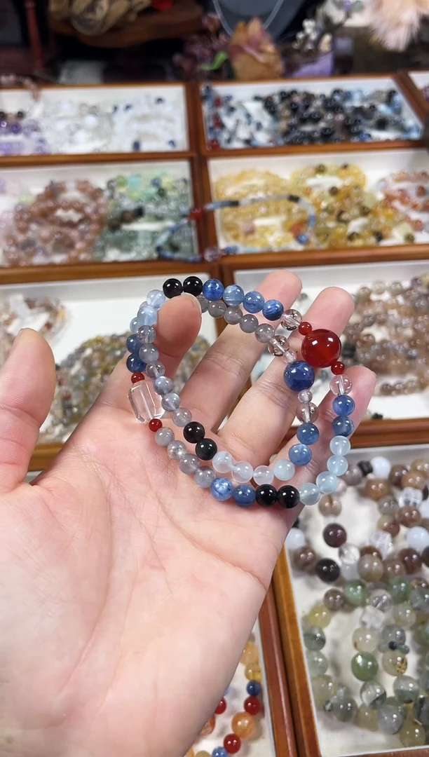 未镶嵌手串水晶天然海蓝宝蓝晶石双圈手串