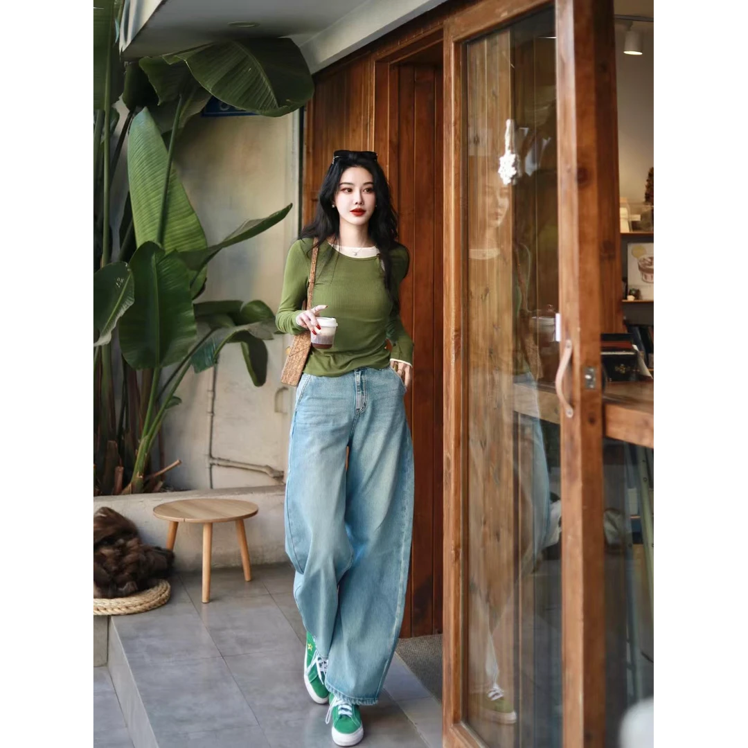 2025春季新款时尚气质时髦小众假两件长袖上衣搭高腰牛仔长裤套装