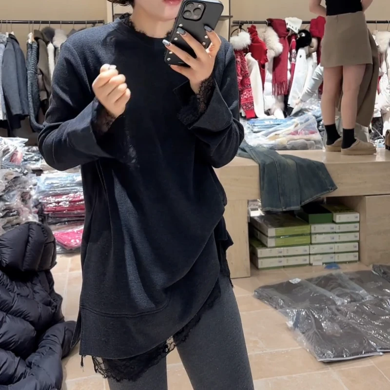 冬季新款磨毛宽松长版拼接显瘦百搭时尚打底衫T恤上衣LK2509132
