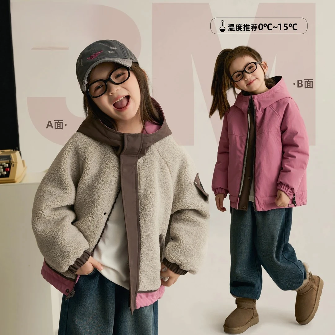 女童两面穿时尚保暖洋气棉服2025新款6-15岁儿童撞色拼接连帽外套