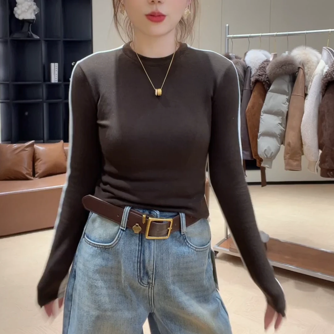 2025新款冬季磨毛圆领拼色长袖显瘦打底时尚百搭长袖T恤LK2508463
