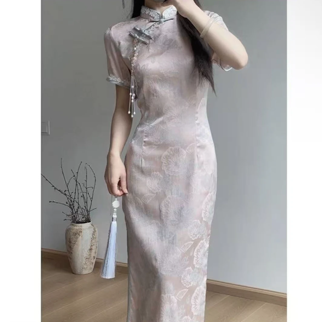 0497 【无微】 粉色 白花边 单层  旗袍【没有流苏】