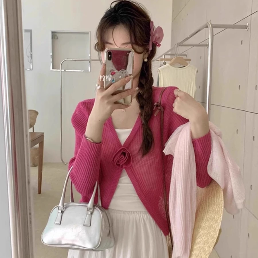 粉色纯欲甜美女夏薄款空调衫别致立体花朵设计感防晒开衫百搭上衣