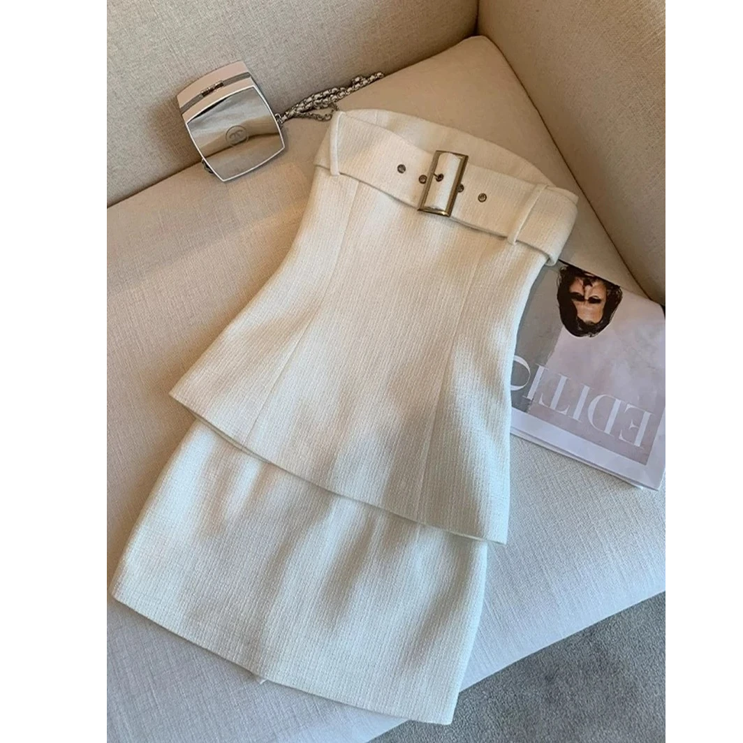 【微甜白兰地】小香风气质轻奢立裁抹胸上衣配显瘦高腰百搭半身裙女