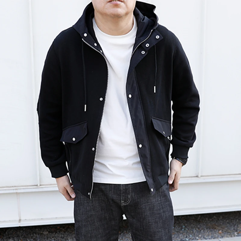 大依无忧春秋新款拼接针织大号潮胖子加肥加大码男士连帽夹克外套