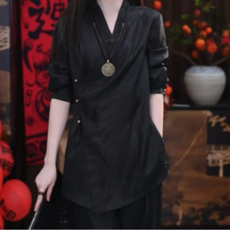 【南芷】香云纱腔调设计感黑色提花百搭气质时尚复古衬衫