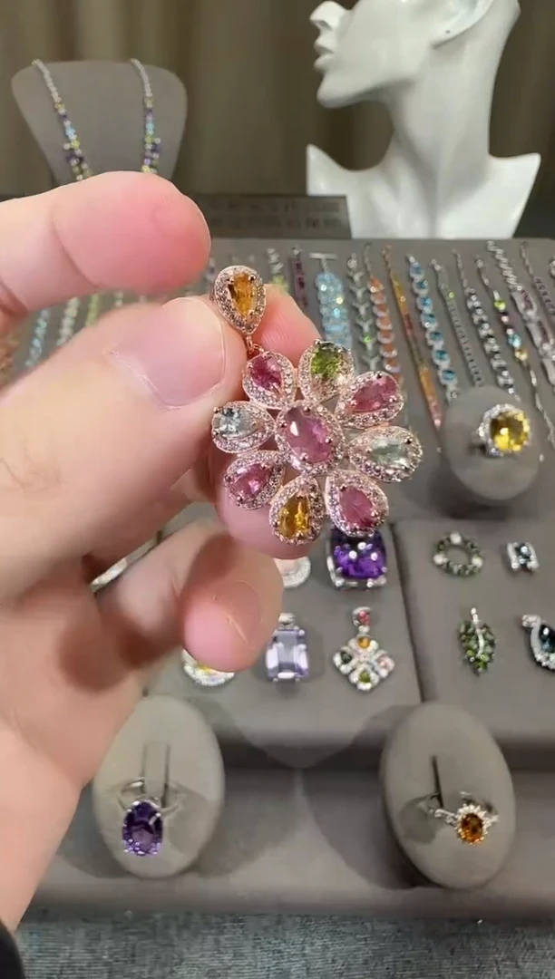 颈饰银S925镶嵌碧玺4*6mm吊坠繁花设计款多样性发一