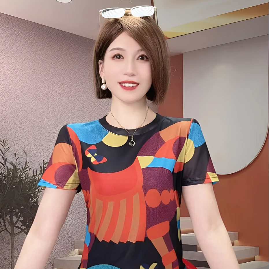网纱拼色印花短袖T恤女夏季2025新款设计感小众圆领显瘦上衣打底