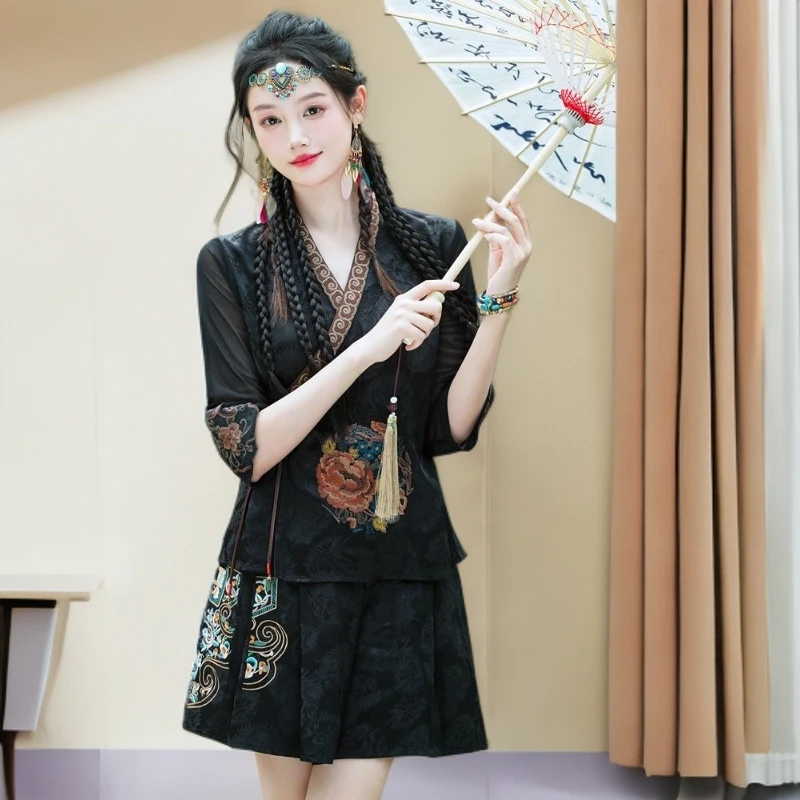 气质汉服中式民族风夏装女套装女装中国风上衣小个子唐装宽松版