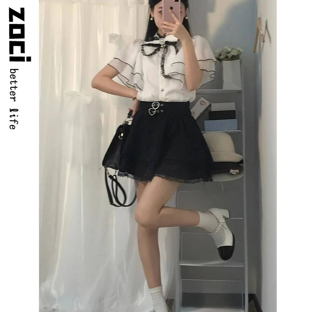 日系千金感rojita甜美可爱套装女夏季蝴蝶结气质上衣衬衫黑色短裙