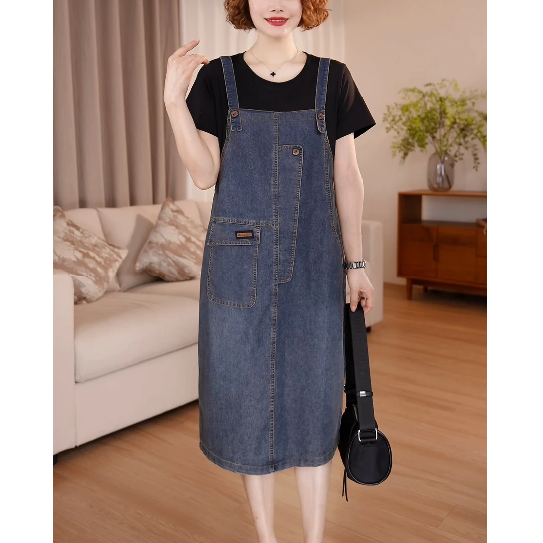 【定制】洋气减龄牛仔连衣裙女夏薄款休闲假两件背带裙大码裙子