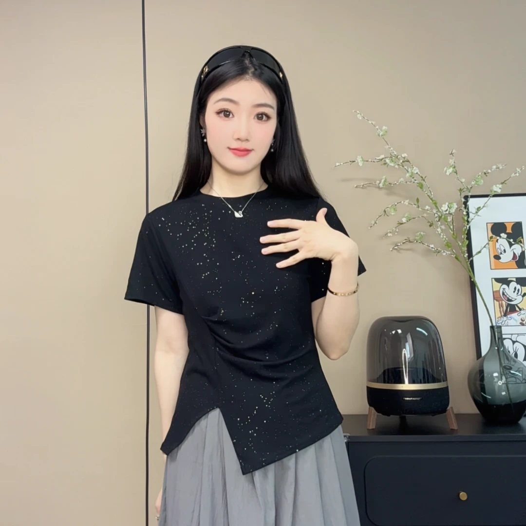 时尚洋气新款亮闪圆领短袖t恤女夏季开叉设计显瘦遮肚上衣不规则
