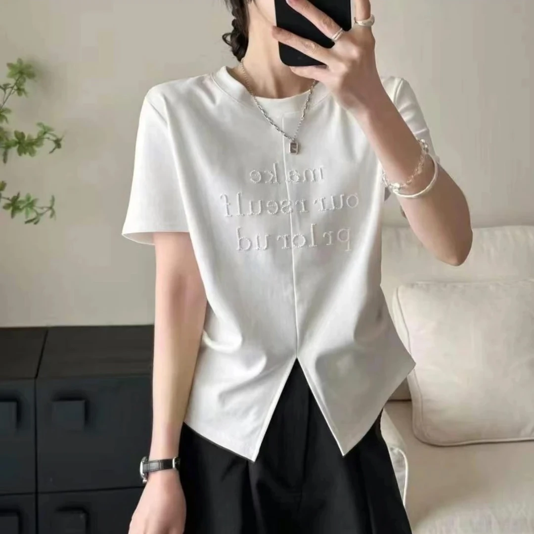 【熙小范】字母短款短袖拼接圆领刺绣T恤修身宽松不规则百搭
