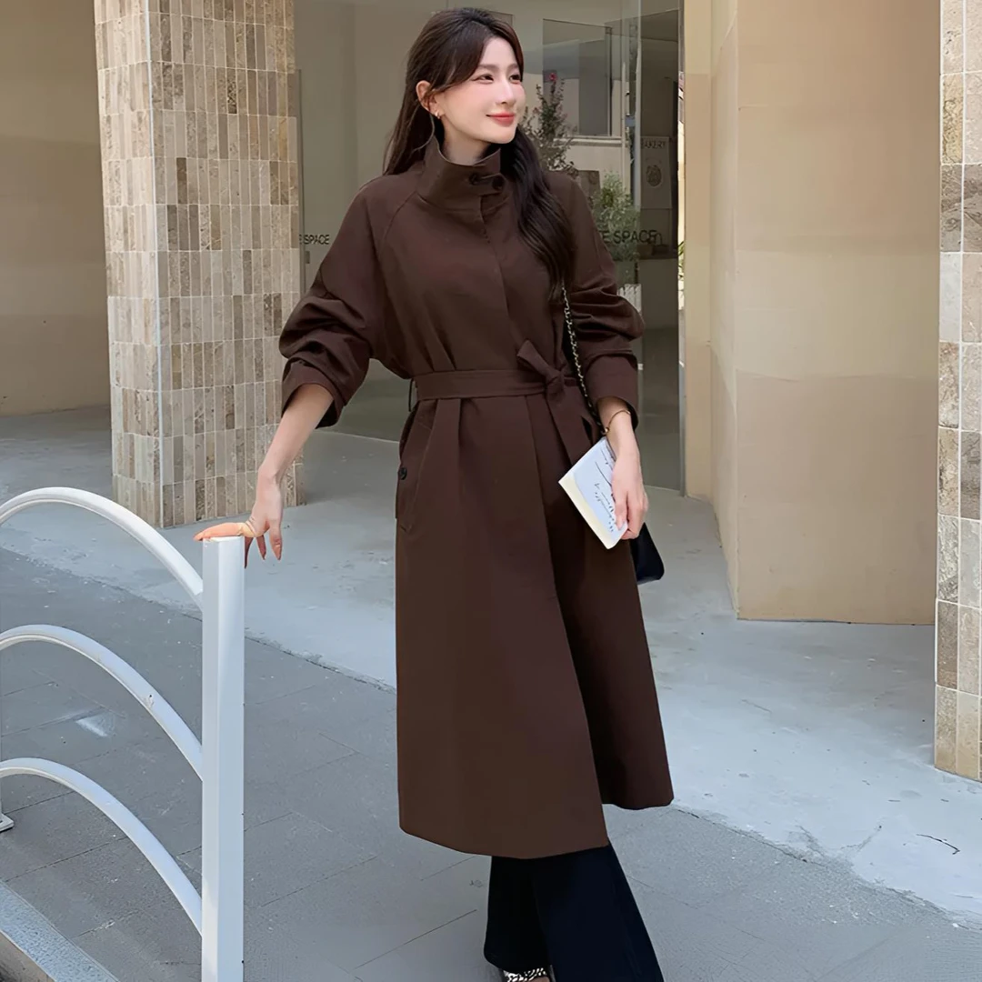 春秋时尚韩版大码长款立领秋季插肩袖风衣显瘦大衣春秋复古风衣