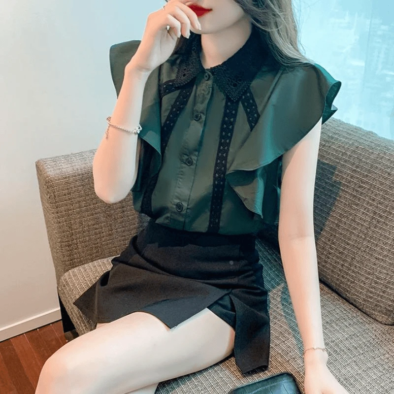 【释上SHISARIG】2025春夏新款荷叶边拼接蕾丝领短袖衬衫女洋气上衣