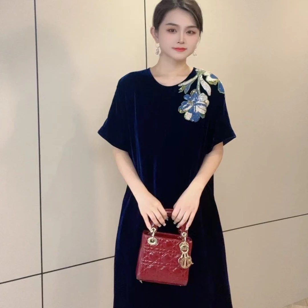 YS198蓝色真丝丝绒散片花女士桑蚕丝中长款连衣裙m121