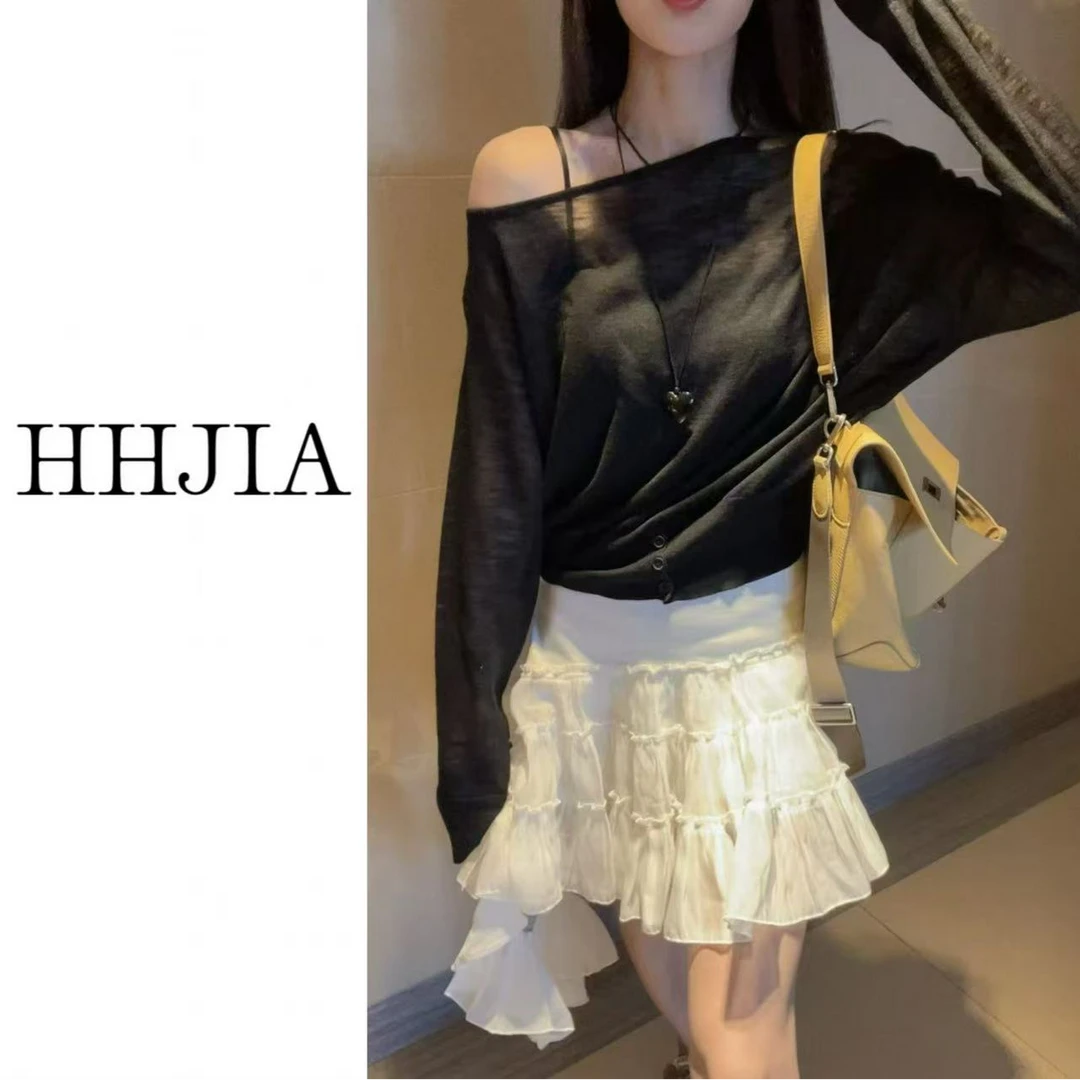 【慧慧家】韩国.2025定制款 韩系时尚黑色斜肩袖口开叉防晒上衣