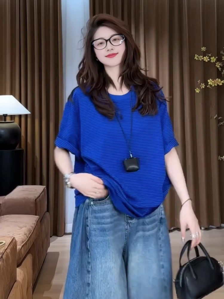 短袖圆领宽松显瘦T恤女2025夏季大码胖MM时尚百搭条纹纯色上衣