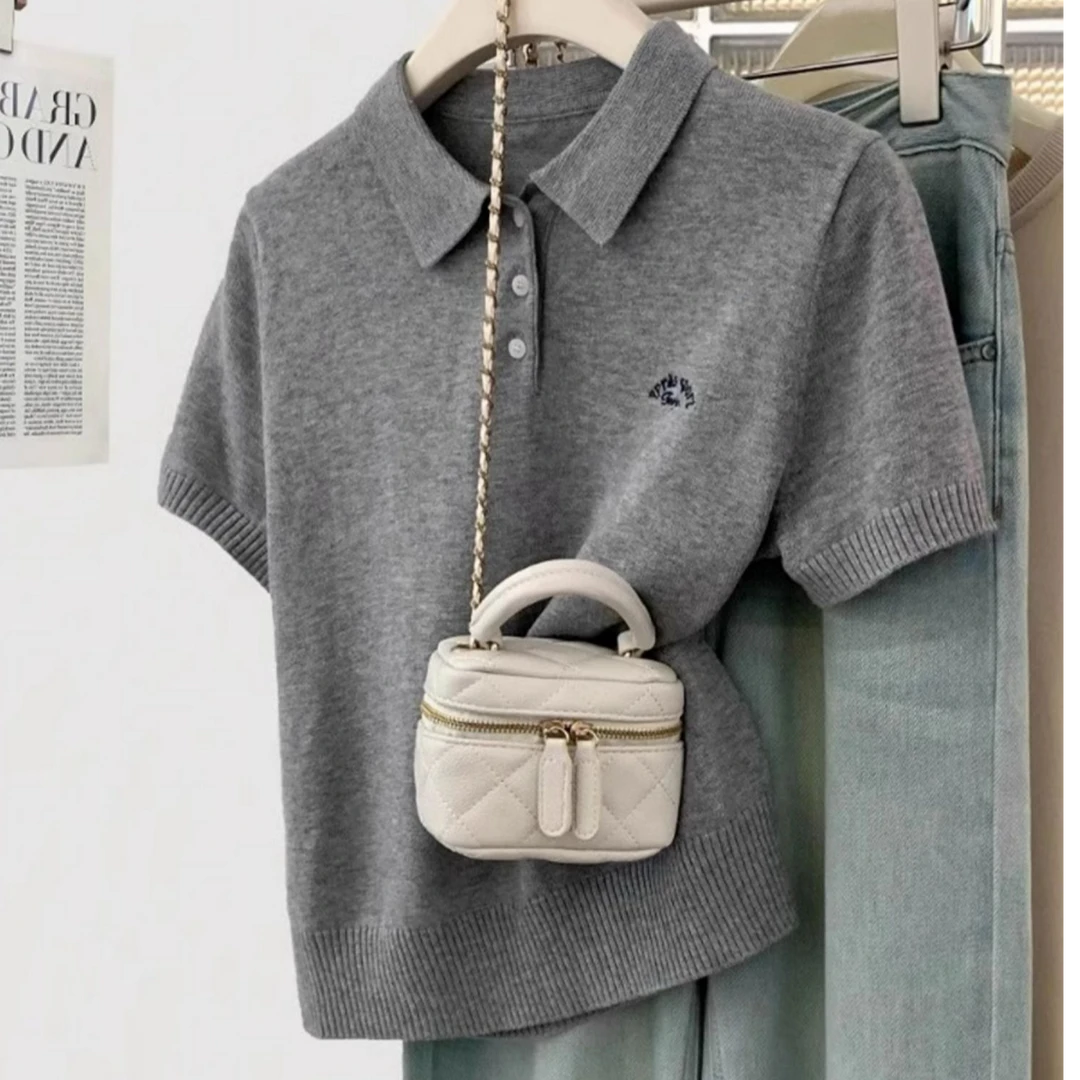 【80-200斤】大码Polo领冰丝短袖女百搭刺绣冰丝针织上衣显瘦T恤夏