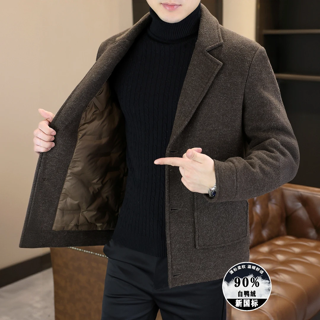 赫柏纪逸男士潮牌羽绒服冬季潮流休闲西装领短款男装毛呢大衣外套