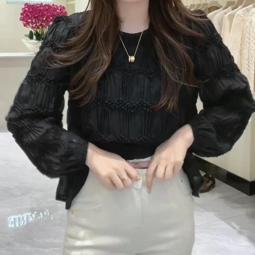 2025春季韩版褶皱纹理长袖小衫气质显瘦时尚衬衫女