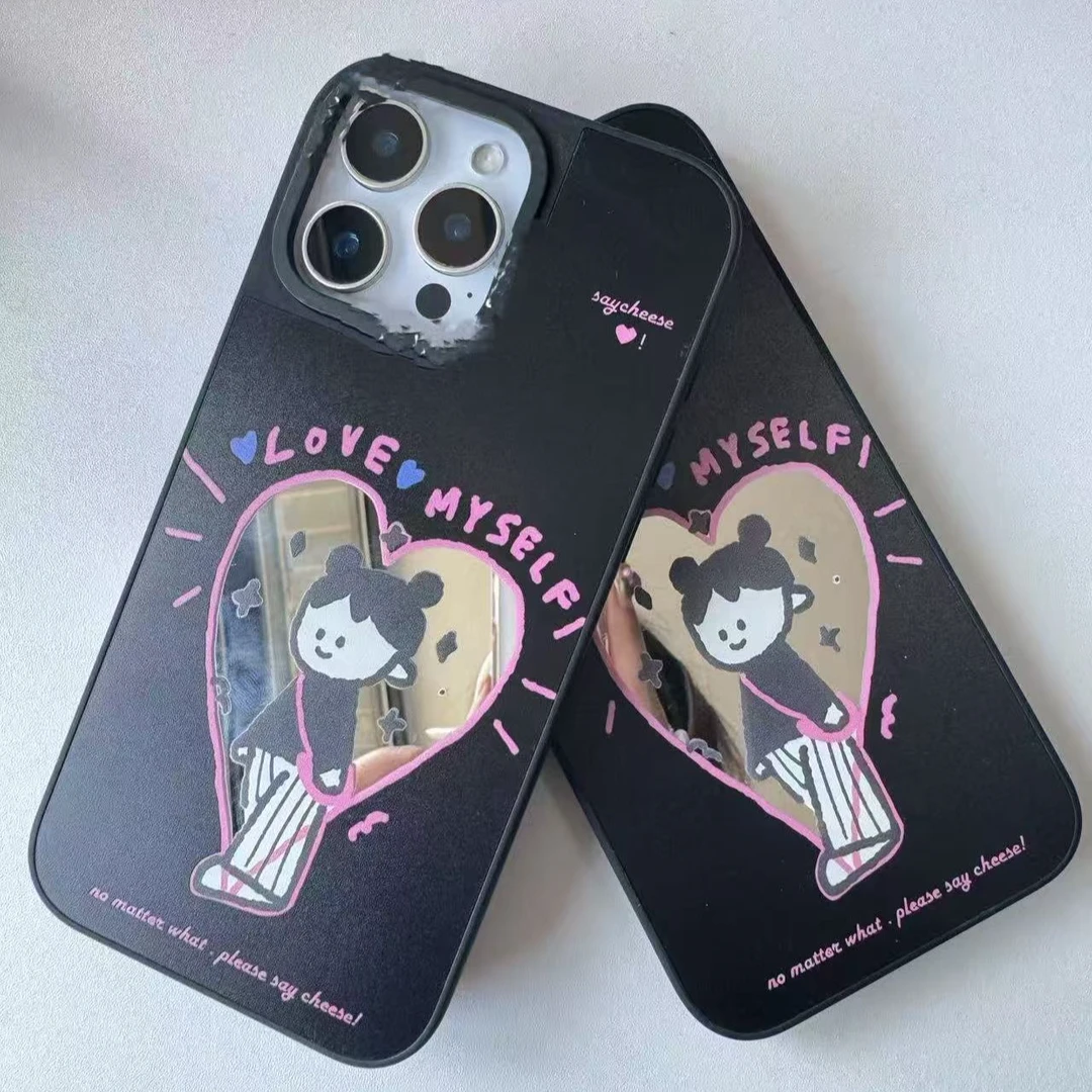 适用于苹果15/16全系列镜子黑色全包透明小女孩手机壳ins漫画