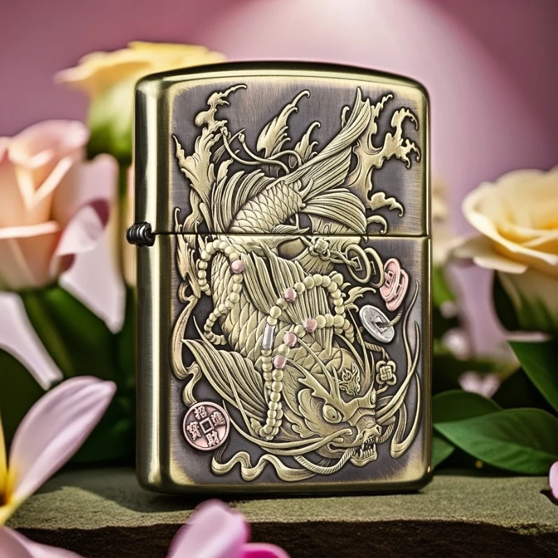 【老李鉴定】zippo打火机鱼化龙黄铜盔甲双面浮雕DYJ1