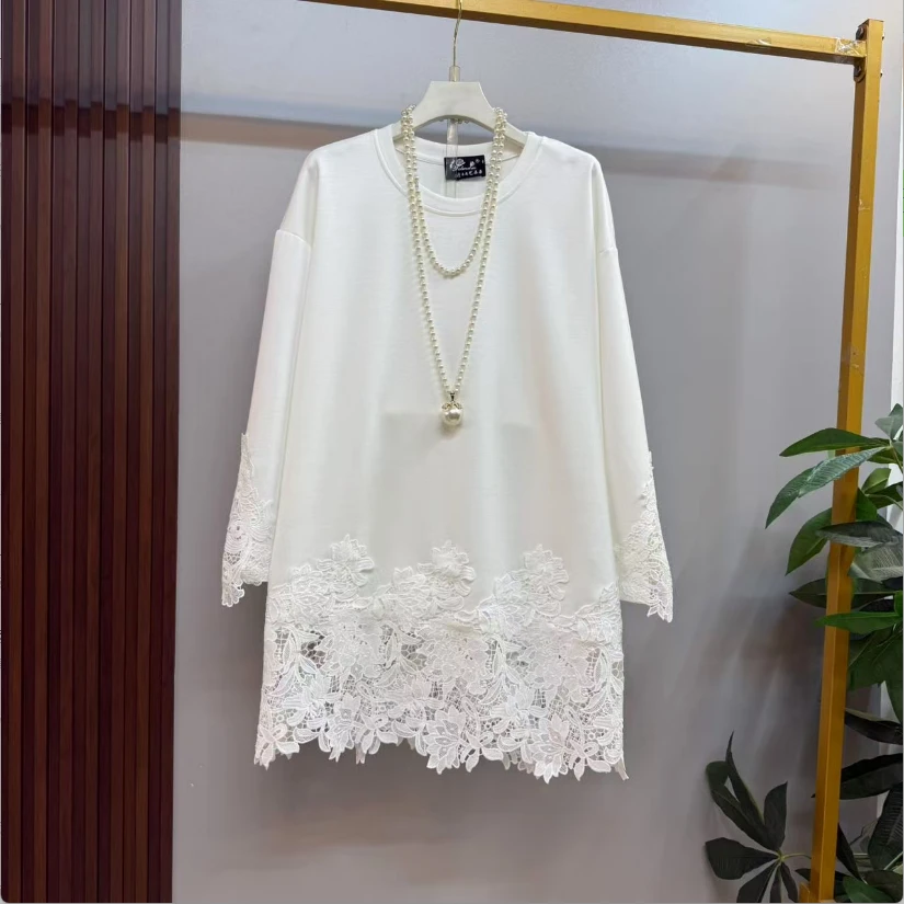 新款大码女装时尚宽松纯色慵懒风蕾丝拼接舒适显瘦卫衣裙
