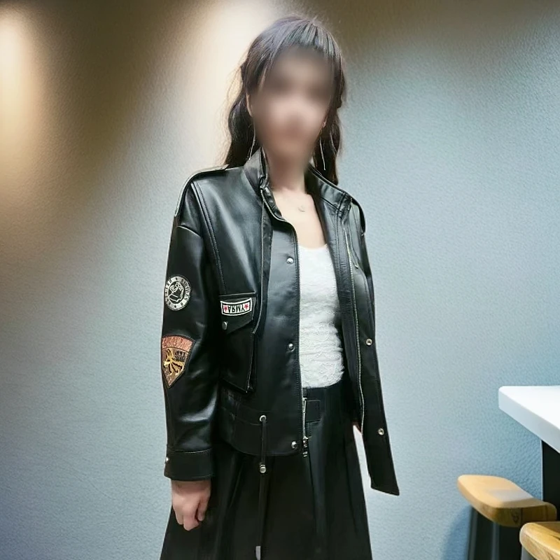 2025新款真皮皮衣女短款绵羊皮时尚百搭休闲宽松显瘦立领夹克外套