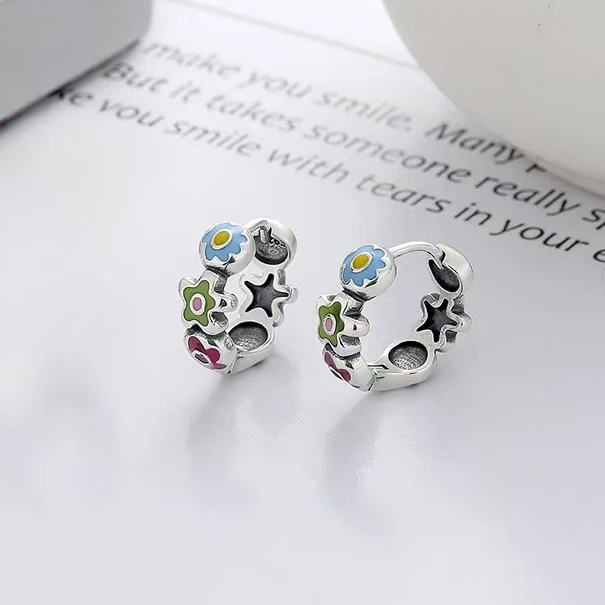 925银耳饰 S925纯银彩绘创意花朵耳扣新款时尚新年新款