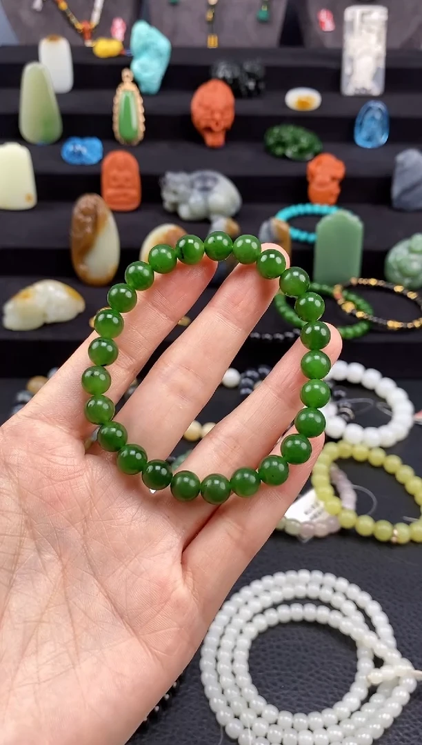 手串未镶嵌和田玉8mm碧玉圆珠手串福利