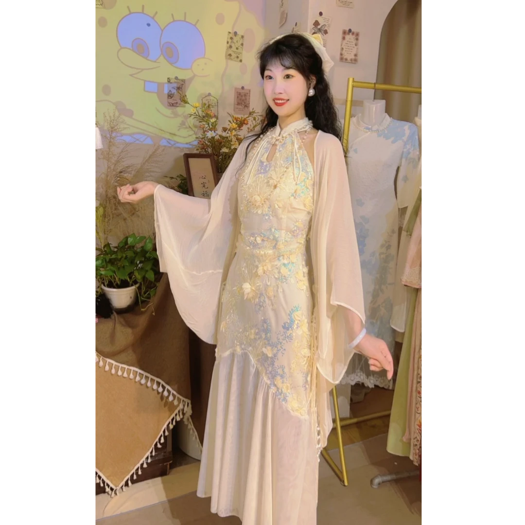 GF33#2025夏季新款新中式绣花亮片网纱拼接旗袍改良气质连衣裙