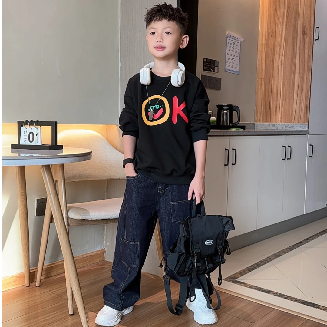 新款秋季男童中大童男孩套头早秋字母卫衣休闲宽松超酷牛仔裤套装