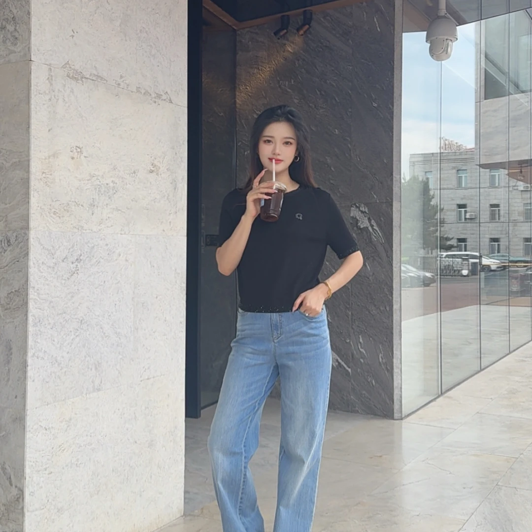 GIRDEAR/哥弟新款简约时尚精致字母圆领舒适短袖针织T恤 138039