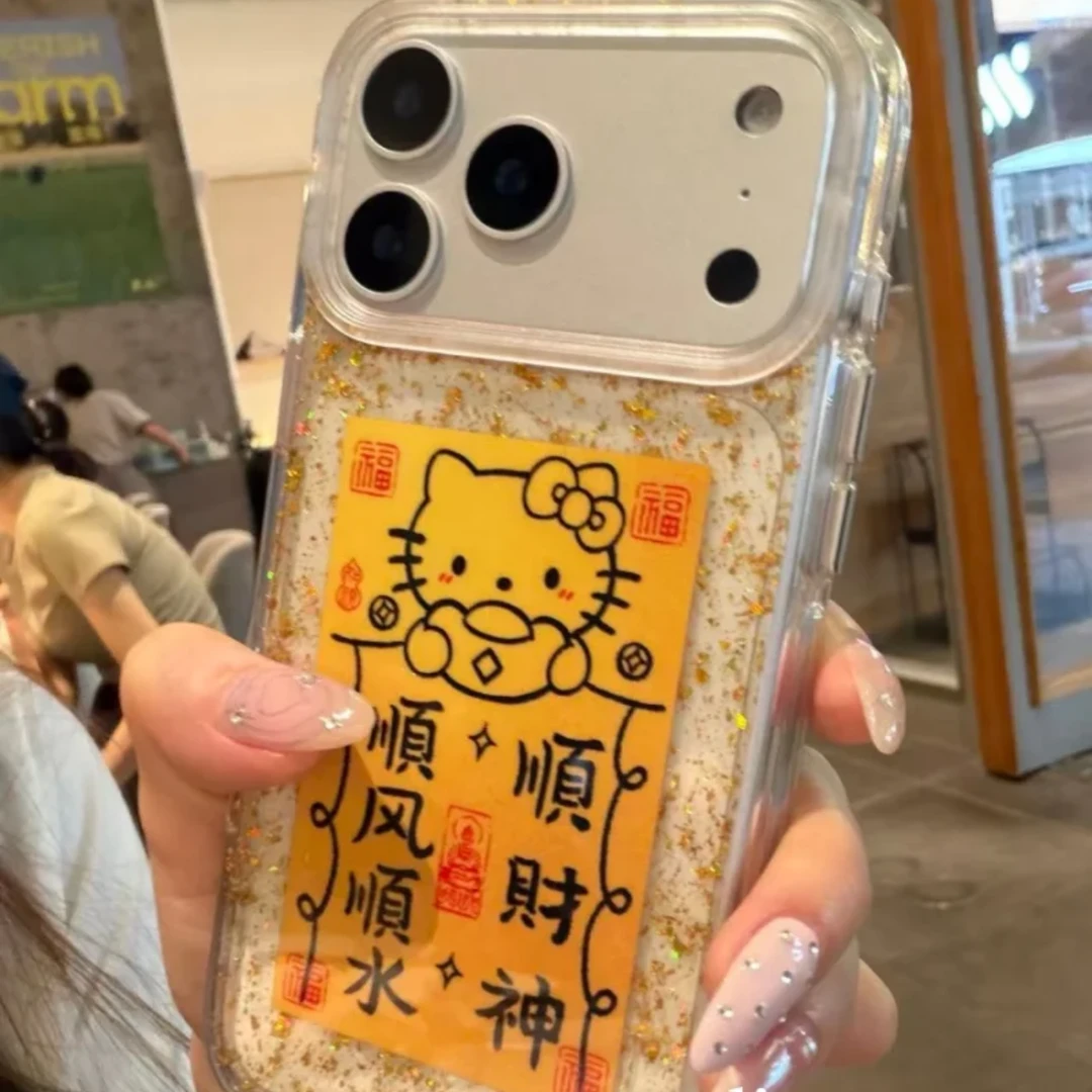 高级金箔滴胶顺财神KT猫链条适用iPhone17promax苹果17pro手机壳
