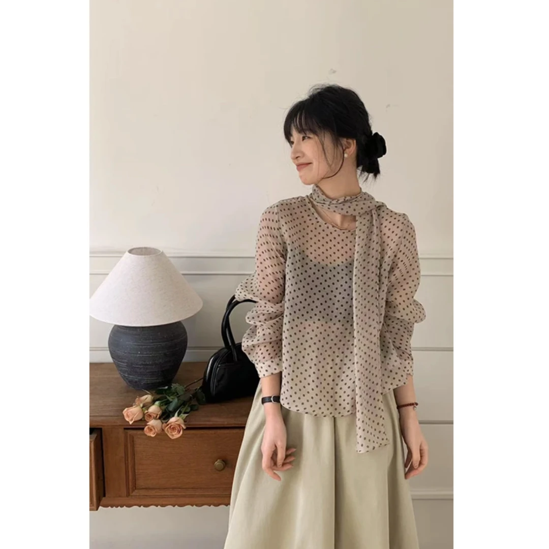 A272波点套头长袖衬衫小众设计感高级飘带领女士衬衣洋气独特上衣