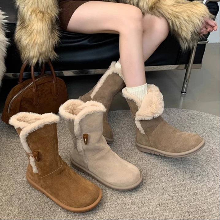 加绒加厚牛角扣中筒雪地靴女2025冬皮毛一体防滑绒面保暖短靴棉鞋