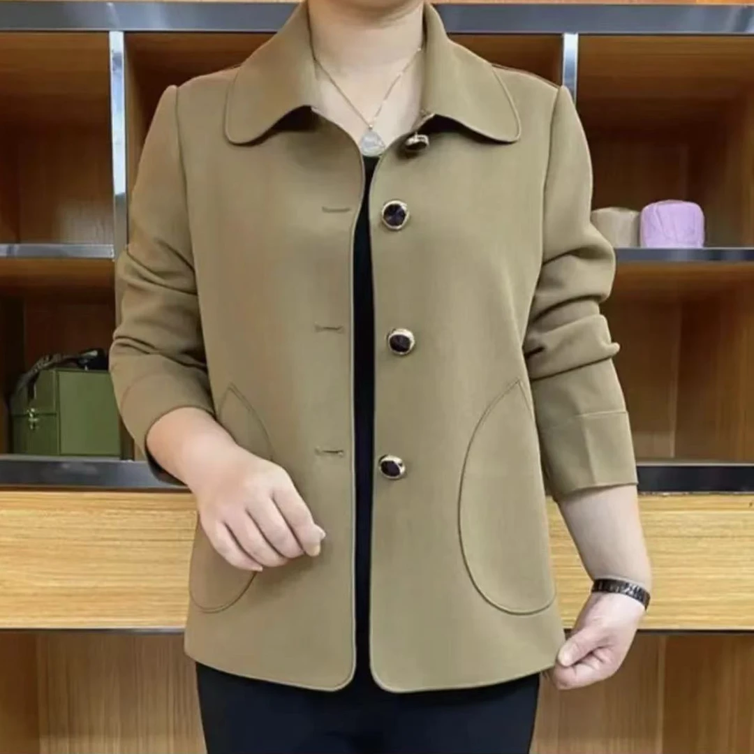 新款时尚翻领纯色上衣春秋女士简约休闲小香风气质显瘦妈妈装