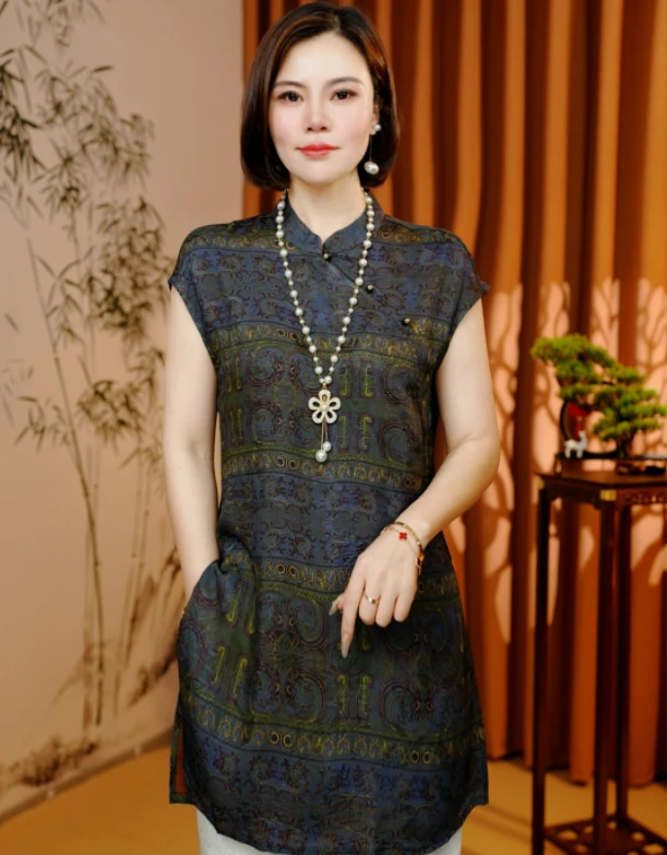 【锦纹】2025新款夏季新中式短袖刻花修身显瘦减龄气质款136A