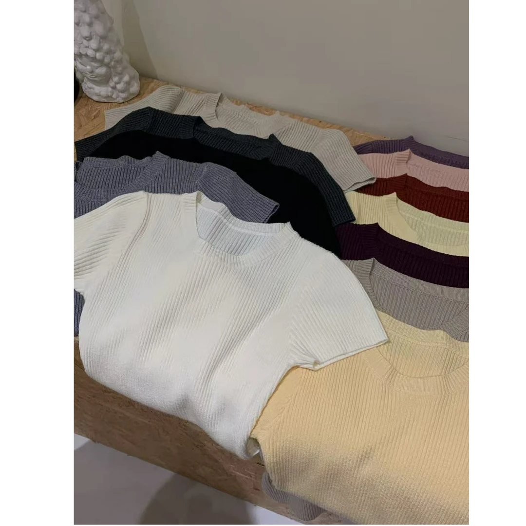 十三行白白-复古短袖针织圆领短款上衣#5116