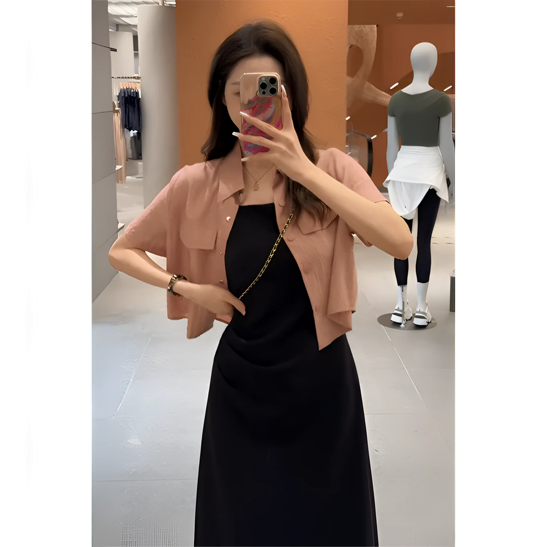 2025短袖夏季显瘦时尚气质短款衬衣学院风吊带中长裙女套装两件套