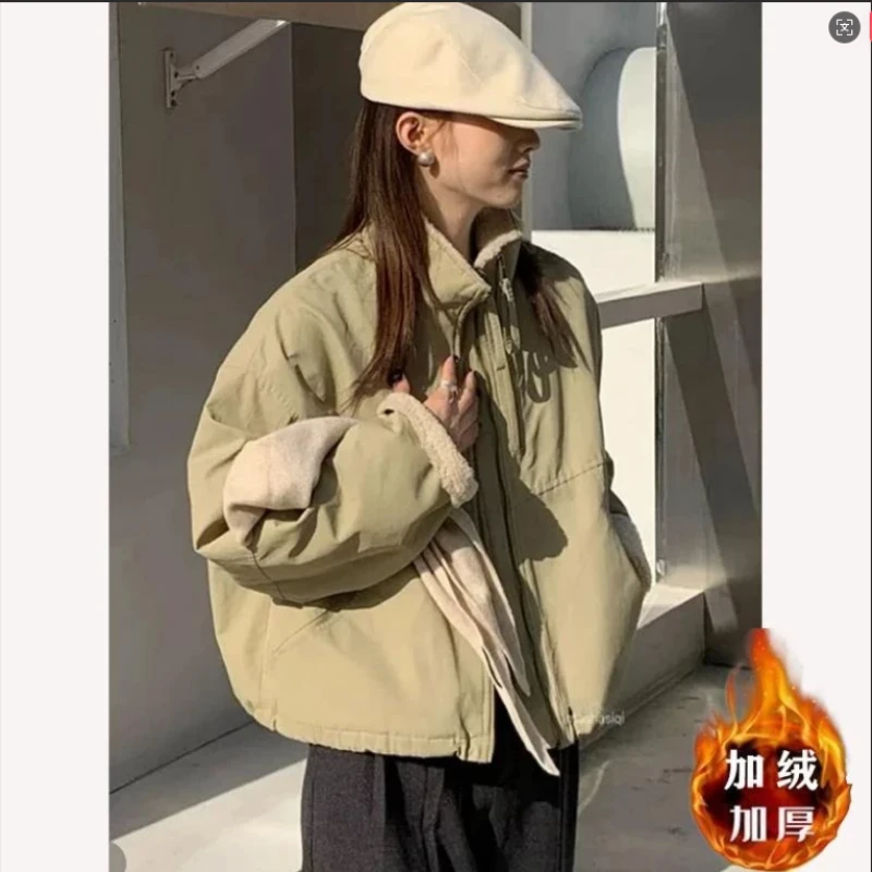 2025仿羊羔毛双拉链派克服女小个子休闲百搭棉衣棉服外套女韩版