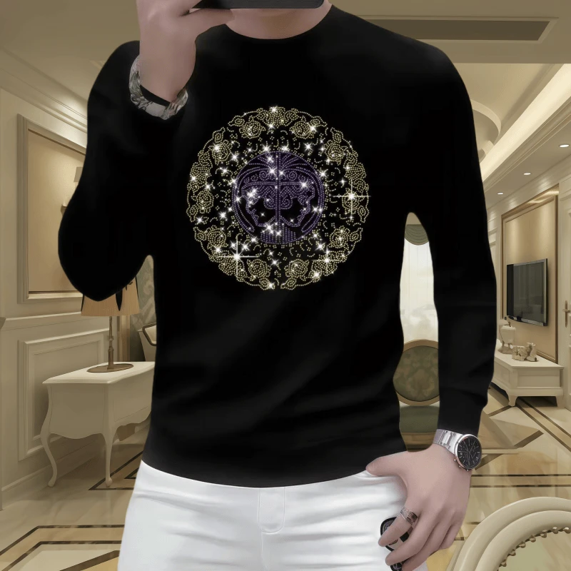 男士秋冬男士卫衣潮流烫钻圆领时尚休闲百搭修身轻奢套头上衣外套