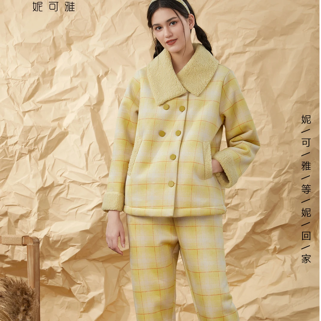 5冬季睡衣加厚加绒女保暖双面复合绒家居服可爱洋气套装（穿0-5度）