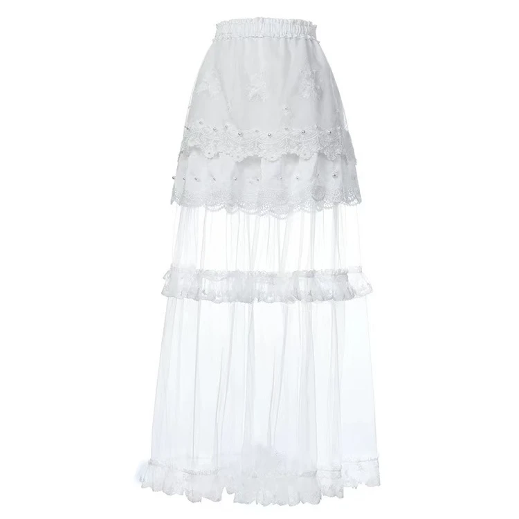 LeFame/拉飞姆25春波嬉风荷叶蕾丝蛋糕裙网纱裙白色LF25C51SS270