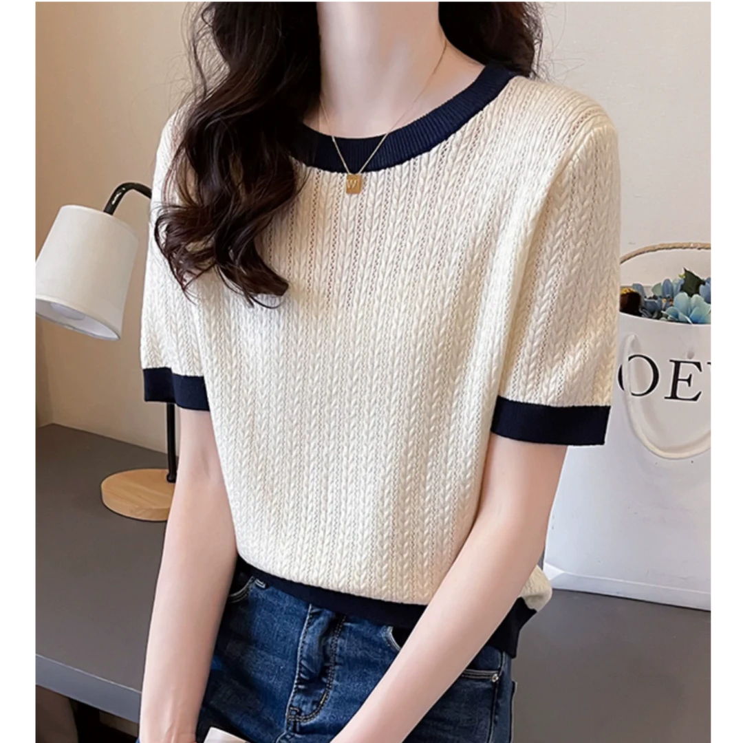 镂空薄款针织短袖t恤女2025夏季新款时尚洋气宽松短款上衣