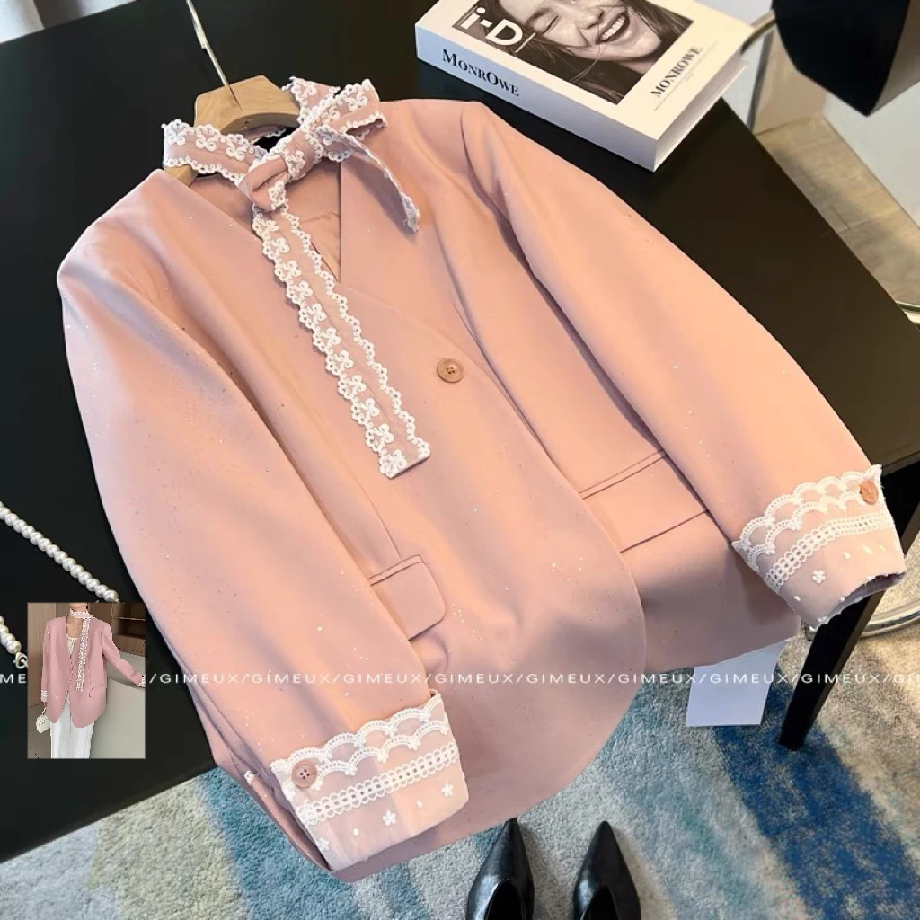 黑色西服蕾丝V领纯色西装休闲风西装网红名媛法式轻奢气质外套