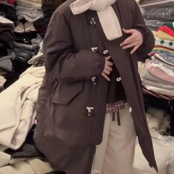 ［小小布］no退换-东大门正品a5n咖色牛角扣羽绒服