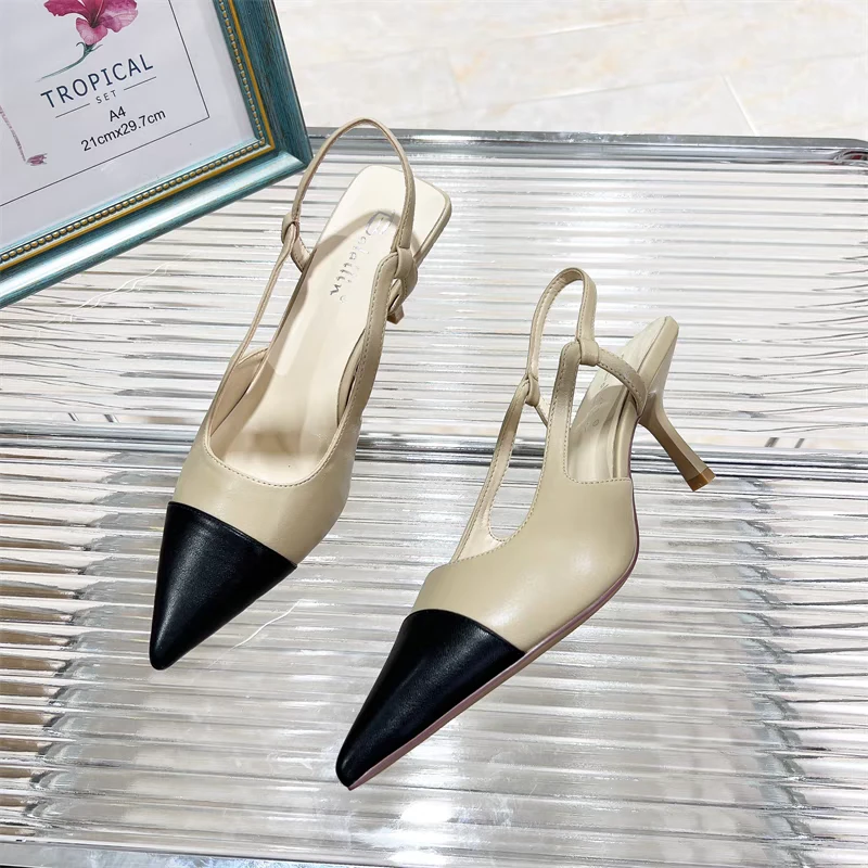 小香风拼接时尚气质后空细跟半包凉鞋百搭舒适单鞋女款 23003